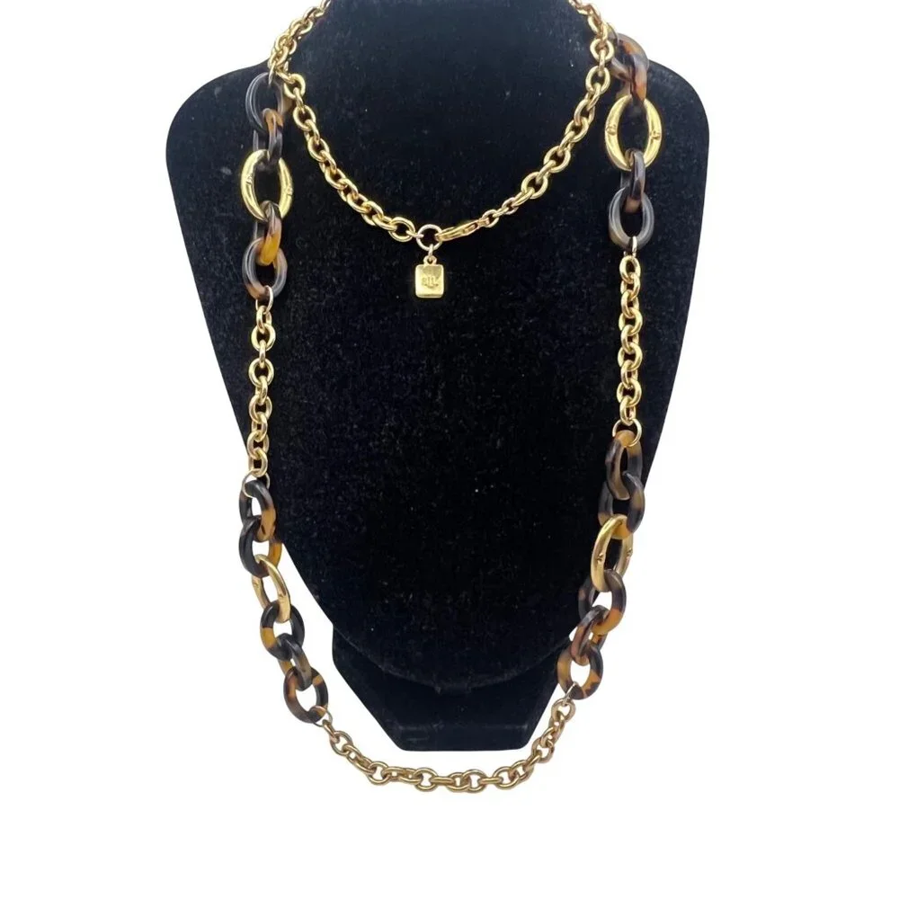 Ralph Lauren Gold Brown Tortoiseshell Link Chain Necklace Signed 32" Vintage - Picture 1 of 7